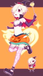 Rule 34 | 10s, 1girl, bags under eyes, bandeau, bare shoulders, black gloves, blonde hair, blush, cape, chibi, earrings, elbow gloves, fingerless gloves, gloves, hair over one eye, halloween, hat, hijiri rei, idolmaster, idolmaster cinderella girls, jack-o&#039;-lantern, jewelry, looking at viewer, midriff, mini hat, navel, open mouth, pink thighhighs, red eyes, see-through, shirasaka koume, short hair, skirt, smile, solo, strapless, thighhighs, tube top, wand, witch hat
