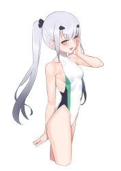 Rule 34 | 1girl, absurdres, blush, breasts, brown eyes, melusine (fate), fate/grand order, fate (series), forked eyebrows, highres, jilu, long hair, looking at viewer, one-piece swimsuit, open mouth, ponytail, small breasts, smile, solo, swimsuit, thighs, white hair, white one-piece swimsuit