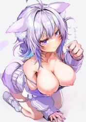Rule 34 | 1girl, ahoge, animal ear fluff, animal ears, bare shoulders, breasts, breasts out, camisole, cat ears, cat girl, cat tail, cleavage, clenched hand, full body, highres, hololive, jacket, kajimakoto, kneeling, large breasts, nekomata okayu, nekomata okayu (membership), nipples, off shoulder, official alternate costume, purple camisole, purple eyes, purple hair, purple jacket, purple nails, simple background, solo, spaghetti strap, tail, two side up, virtual youtuber, white background