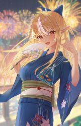 Rule 34 | 1girl, absurdres, aerial fireworks, alternate costume, bag, bagged fish, blonde hair, blue bow, blue kimono, blush, bow, breasts, dark-skinned female, dark skin, elf, festival, fireworks, fish, floral print, hair bow, hair intakes, hand fan, high ponytail, highres, hololive, japanese clothes, kimono, kmdr 04, large breasts, long hair, long sleeves, looking at viewer, multicolored hair, night, obi, open mouth, paper fan, pointy ears, red eyes, sash, shiranui flare, smile, solo, streaked hair, virtual youtuber, white hair, wide sleeves, wind, yukata