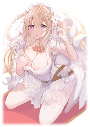 Rule 34 | 1girl, :o, absurdres, akao kito, ascot, bare arms, bare shoulders, blonde hair, blue eyes, border, breasts, bridal veil, cleavage, commentary, crossed bangs, detached collar, dress, eyelashes, flower, grey eyes, hair between eyes, hair flower, hair ornament, highres, kneeling, large breasts, looking at viewer, open mouth, original, shadow, solo, strapless, strapless dress, veil, wedding, wedding dress, white border