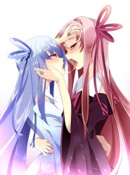 Rule 34 | 2girls, after kiss, blue hair, blunt bangs, blush, detached sleeves, hair ornament, hair ribbon, half-closed eyes, hand on another&#039;s cheek, hand on another&#039;s face, hand on another&#039;s head, hatsumi ponpei, height difference, hug, incest, kiss, kotonoha akane, kotonoha aoi, long hair, looking at another, multiple girls, open mouth, pink hair, purple eyes, ribbon, saliva, saliva trail, siblings, simple background, sisters, tongue, tongue out, twins, voiceroid, white background, yuri