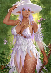 Rule 34 | 1girl, ariverkao, asymmetrical clothes, blue eyes, bracelet, breasts, cleavage, covering privates, covering breasts, dark-skinned female, dark skin, dated, detached sleeves, earrings, facing viewer, feather dress, fishnet thighhighs, fishnets, forest, hat, holding, holding staff, jewelry, large breasts, light purple hair, long hair, nature, necklace, original, outdoors, patreon logo, pointy ears, signature, single thighhigh, solo, staff, thighhighs