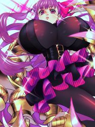 Rule 34 | 10s, 1girl, breasts, fate/extra, fate/extra ccc, fate (series), from below, gigantic breasts, gleam, hair ribbon, long hair, looking at viewer, momomogeta, parted lips, passionlip (fate), pink eyes, purple hair, purple ribbon, revealing clothes, ribbon, skirt, solo, very long hair