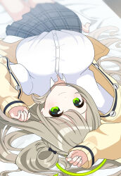 Rule 34 | 1girl, absurdres, black skirt, blue archive, breasts, closed mouth, collared shirt, green eyes, green halo, halo, highres, jacket, kokolokokomika, large breasts, light brown hair, long hair, long sleeves, looking at viewer, nonomi (blue archive), open clothes, open jacket, pleated skirt, shirt, skirt, smile, solo, white shirt, yellow jacket