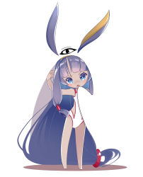 Rule 34 | 1girl, absurdly long hair, absurdres, animal ears, bare arms, bare legs, bare shoulders, barefoot, blue eyes, blush, casual one-piece swimsuit, chibi, chuuko anpu, commentary request, competition swimsuit, dark-skinned female, dark skin, fate/grand order, fate (series), hairband, head tilt, highres, jackal ears, long hair, looking at viewer, low-tied long hair, nitocris (fate), nitocris (fate/grand order), nitocris (swimsuit assassin) (fate), nitocris (swimsuit assassin) (second ascension) (fate), one-piece swimsuit, open mouth, purple hair, sidelocks, solo, standing, swimsuit, v-shaped eyebrows, very long hair, white background, white one-piece swimsuit, yellow hairband