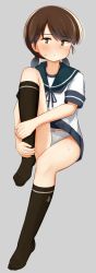 Rule 34 | 1girl, anchor print, black socks, blue neckerchief, blue sailor collar, blue skirt, blush, brown eyes, brown hair, closed mouth, commentary, grey background, highres, hugging own legs, invisible chair, kantai collection, kneehighs, looking at viewer, low twintails, neckerchief, panties, pleated skirt, sailor collar, school uniform, serafuku, shirayuki (kancolle), short sleeves, short twintails, simple background, sitting, skirt, socks, solo, sweat, twintails, underwear, white panties, yotubawatane
