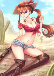 Rule 34 | 1girl, blue eyes, boots, bra, breasts, brown footwear, brown hair, cactus, cleavage, collarbone, crop top, cross-laced footwear, cutoffs, denim, denim shorts, desert, front-tie top, gun, hat, high heel boots, high heels, highres, knee boots, lace-up boots, looking at viewer, low-cut, medium breasts, midriff, navel, off shoulder, open fly, original, outdoors, panties, parted lips, ponytail, rifle, scrunchie, shirt, short shorts, shorts, side ponytail, sitting, solo, suikakitsu shiro, thigh boots, thighhighs, tied shirt, unbuttoned, underwear, weapon, cowboy western, xia you qing