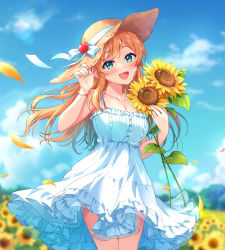Rule 34 | 1girl, bare shoulders, blonde hair, blue sky, blush, bow, breasts, cleavage, dress, flower, green eyes, hat, hat bow, hat ornament, highres, holding, holding clothes, holding flower, holding hat, indie virtual youtuber, large breasts, long hair, looking at viewer, mikami nacaba, open mouth, outdoors, ritorun (vtuber), sky, sleeveless, sleeveless dress, smile, solo, sunflower, sunflower petals, virtual youtuber, white dress