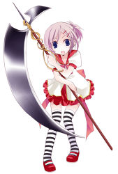 Rule 34 | full body, knees together feet apart, original, scythe, simple background, solo, striped clothes, striped thighhighs, tamaoka kagari, thighhighs, white background, zettai ryouiki