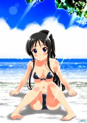 Rule 34 | 00s, 1girl, akiyama mio, arm support, barefoot, beach, bikini, black hair, blue eyes, blush, breasts, cloud, full body, highres, k-on!, kurimuzon, large breasts, long hair, looking at viewer, ocean, outdoors, parted lips, ponytail, shadow, sitting, sky, solo, swimsuit, water