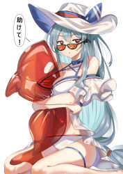 Rule 34 | 1girl, absurdres, arknights, bare legs, bare shoulders, bikini, blue choker, breasts, choker, cleavage, commentary, hair between eyes, hair ornament, hat, highres, holding, hugging object, inflatable orca, inflatable toy, large breasts, long hair, looking at viewer, looking over eyewear, looking over glasses, negister, off-shoulder shirt, off shoulder, official alternate costume, orange-tinted eyewear, orange-tinted glasses, parted lips, red eyes, shirt, short sleeves, silver hair, simple background, sitting, skadi (arknights), skadi (waverider) (arknights), solo, speech bubble, sun hat, sunglasses, swimsuit, thigh strap, thighs, tinted eyewear, translation request, triangle mouth, very long hair, wariza, whale hair ornament, white background, white bikini, white hat, white shirt