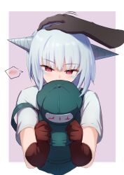 Rule 34 | 1girl, 1other, afrody, blue hair, blush, brown gloves, collared shirt, covered mouth, disembodied hand, drill, facial mark, gloves, green headwear, green overalls, guardian tales, hat, headpat, highres, holding, holding clothes, holding hat, looking down, mechanic, mk.33 (guardian tales), overalls, purple eyes, robot ears, shirt, short hair, short sleeves, simple background, solo focus, unworn hat, unworn headwear, upper body