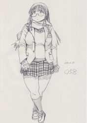 Rule 34 | 1girl, breasts, coat, eyeroll, fat, glasses, kobayakawa horan, large breasts, leaning back, crossed legs, loafers, long hair, mittens, monochrome, nekokami, original, plump, rolling eyes, scarf, shoes, socks, solo, thick thighs, thighs, wide hips