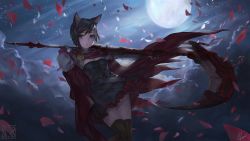Rule 34 | 1girl, absurdres, animal ears, black hair, black thighhighs, breasts, cape, cat ears, clasp, cloud, corset, crescent rose, full moon, grey eyes, highres, holding, huge weapon, klem, looking at viewer, medium hair, moon, night, night sky, petals, red cape, rose petals, ruby rose, rwby, scythe, signature, skirt, sky, small breasts, solo, standing, star (sky), starry sky, thighhighs, weapon, zettai ryouiki