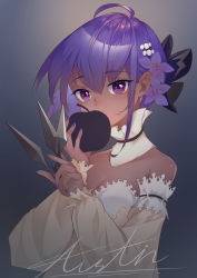 Rule 34 | 1girl, absurdres, ahoge, apple, bare shoulders, breasts, chouchou (austin), cleavage, commentary request, dark-skinned female, dark skin, detached collar, dress, fate/grand order, fate (series), flower, food, fruit, hair flower, hair ornament, hassan of serenity (fate), hassan of serenity (lostroom outfit) (fate), highres, holding, holding food, holding fruit, holding knife, knife, light blush, looking at viewer, lostroom outfit (fate), nail polish, official alternate costume, poison apple, purple eyes, purple hair, purple nails, short hair, signature, small breasts, solo, throwing knife, upper body, weapon, yellow dress