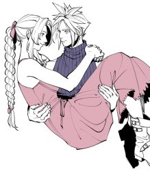 Rule 34 | 1boy, 1girl, aerith gainsborough, arm around back, arms around neck, bare shoulders, blue shirt, boots, braid, braided ponytail, breasts, carrying, cloud strife, dress, final fantasy, final fantasy vii, final fantasy vii remake, foot out of frame, hair ribbon, hand on another&#039;s back, hand on another&#039;s thigh, highres, long dress, long hair, looking at another, medium breasts, oimo (oimkimn), parted bangs, pink dress, pink ribbon, princess carry, ribbon, shirt, short hair, sidelocks, sleeveless, sleeveless dress, sleeveless turtleneck, smile, spiked hair, spot color, turtleneck, upper body, wavy hair, white background