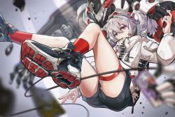 Rule 34 | 1girl, black footwear, blurry, blurry background, cable, controller, falling, food, game controller, jacket, pocky, purple eyes, robot, short shorts, shorts, thigh strap, twintails, v, white jacket, zomzomzomsauce