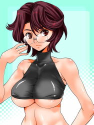 Rule 34 | 1girl, bare shoulders, breasts, brown hair, covered erect nipples, female focus, glasses, halftone, halftone background, large breasts, red eyes, red hair, shinama, short hair, skin tight, solo, underboob