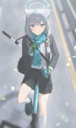 Rule 34 | 1girl, animal ear fluff, animal ears, assault rifle, bicycle, black footwear, black jacket, black skirt, blue archive, blue eyes, blue necktie, blue scarf, blurry, blurry background, bottle, commentary, darkzmonsty, day, depth of field, english commentary, fringe trim, gloves, green gloves, grey hair, gun, hair between eyes, hair ornament, halo, highres, holding, holding bottle, jacket, looking at viewer, necktie, open clothes, open jacket, outdoors, petals, plaid, plaid skirt, pleated skirt, railing, rifle, scarf, shiroko (blue archive), shirt, shoes, sig sauer 556, skirt, socks, solo, water bottle, weapon, white shirt, white socks