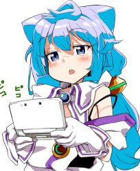 Rule 34 | 1boy, ahoge, aioi u, blue eyes, blue hair, blush, gloves, hacka doll, hacka doll 3, hair between eyes, handheld game console, holding, holding handheld game console, long hair, nintendo 3ds, open mouth, round teeth, solo, strap slip, teeth, trap, triangle mouth, white gloves
