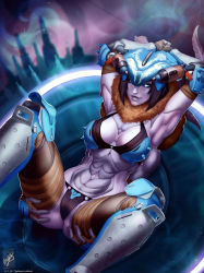 Rule 34 | 1girl, abs, armor, armpits, arms behind head, ass grab, bikini, blue sclera, breasts, cameltoe, colored sclera, colored skin, destiny (game), extra arms, extra pupils, gauntlets, genderswap, genderswap (mtf), grabbing own ass, greaves, headgear, highres, humanization, legs up, looking at viewer, lying, midriff, navel, purple skin, sideboob, signature, skolas, solo, spread legs, swimsuit, themaestronoob, thighs, tricorn (destiny), white eyes