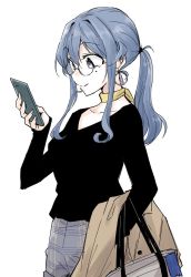 Rule 34 | 1girl, bag, black shirt, blue hair, breasts, cellphone, earrings, glasses, gotland (kancolle), handbag, holding, holding phone, hoop earrings, jewelry, kantai collection, long hair, long sleeves, mole, mole under eye, phone, ponytail, rindou (rindou annon), shirt, shorts, sidelocks, simple background, smartphone, smile, solo, white background, yellow neckwear