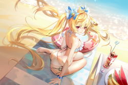 Rule 34 | 1girl, ahoge, ass, beach, bikini, black ribbon, blonde hair, blue bow, bow, bracelet, breasts, butt crack, catcan, cleavage, closed mouth, day, floating hair, frilled bikini, frills, from above, from behind, hair between eyes, hair bow, highres, jewelry, long hair, looking at viewer, looking back, medium breasts, original, outdoors, red eyes, ribbon, shadow, shoulder blades, side-tie bikini bottom, sitting, smile, solo, strapless, strapless bikini, striped, striped bow, swimsuit, twintails, very long hair, white bikini, white bow