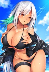 Rule 34 | 1girl, azur lane, bare shoulders, bikini, bikini top only, bikini under clothes, black bikini, black jacket, blue sky, blush, body markings, breasts, cleavage, colored eyelashes, cowboy shot, dark-skinned female, dark skin, day, hands on own chest, highres, huge breasts, jacket, leaning forward, lips, long hair, looking at viewer, massachusetts (azur lane), monotosu, multicolored hair, nail polish, native american, open clothes, open mouth, orange eyes, outdoors, parted lips, silver hair, skindentation, sky, solo, stomach, sunlight, swimsuit, swimsuit under clothes, thigh strap, thighs, underboob, wide hips