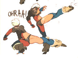 Rule 34 | 1girl, angel (kof), ass, baptiste pagani, blue eyes, boots, chaps, collage, cowboy boots, cropped jacket, fighting stance, fingerless gloves, flying kick, gloves, high kick, kicking, lowres, micro shorts, midriff, navel, short hair, short shorts, shorts, sleeves rolled up, solo, the king of fighters