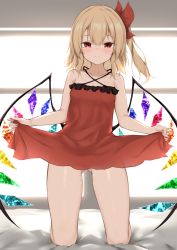 Rule 34 | 1girl, bare arms, bare shoulders, blonde hair, blush, bow, clothes lift, collarbone, commentary request, crystal, dress, dress lift, flandre scarlet, gluteal fold, hair between eyes, highres, kashiwagi yamine, kneeling, lifting own clothes, long hair, looking at viewer, no panties, pussy juice, red bow, red dress, red eyes, red ribbon, ribbon, side ponytail, smile, solo, spaghetti strap, thighs, touhou, wings