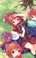Rule 34 | 1girl, book, bow, cape, disembodied head, folding fan, food, food in mouth, fruit, grass, hair bow, hand fan, hand on own head, holding, holding book, lying, makuwauri, mouth hold, mundane utility, on back, open book, reading, red eyes, red hair, sekibanki, short hair, short sleeves, skirt, solo, touhou, tree, watermelon