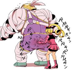 Rule 34 | 1boy, 1girl, arms (game), ass, bandages, bike shorts, blonde hair, boots, bow, flying sweatdrops, from behind, full body, hair bow, high heels, master mummy (arms), nekobayashi (nekoforest), nintendo, pleated skirt, ribbon girl (arms), simple background, size difference, skirt, spanking, white background, wrestling outfit
