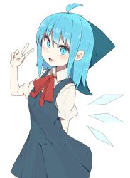 Rule 34 | 1girl, :d, ahoge, arm behind back, blue bow, blue eyes, blue hair, bow, cirno, collared shirt, fang, hair bow, highres, ice, ice wings, kae karee, looking at viewer, open mouth, red ribbon, ribbon, shirt, short hair, short sleeves, simple background, skin fang, smile, solo, standing, touhou, v, v-shaped eyebrows, white background, white shirt, wings