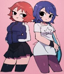 Rule 34 | 2girls, black skirt, blue hair, highres, kim pine, looking at viewer, miniskirt, multiple girls, pantyhose, pink background, ramona flowers, red hair, scott pilgrim (series), short hair, simple background, skirt, smile, tetsu (teppei)