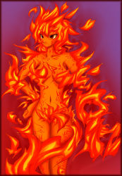 Rule 34 | 1girl, artist request, breasts, censored, convenient censoring, female focus, fiery hair, fire, fire spirit, gradient background, monster girl, red eyes, solo