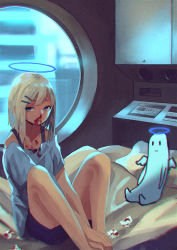 Rule 34 | 1girl, blonde hair, blood, blood on face, ghost, hair ornament, hairclip, halo, hands on feet, highres, kanikumi toi, looking at viewer, medium hair, nosebleed, off-shoulder shirt, off shoulder, on bed, original, shirt, short shorts, shorts, sitting, window