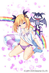 Rule 34 | 1girl, bad id, bad pixiv id, bare legs, bat wings, bikini, blonde hair, blue footwear, blush, boots, bow, breasts, casper (deathsmiles), character request, clothes pull, commentary request, creature, deathsmiles, gothic wa mahou otome, hair bow, highres, jenevan, looking at another, off shoulder, pout, purple bikini, purple eyes, rainbow, see-through, shirt, shirt pull, sitting, small breasts, swimsuit, twintails, water gun, watermark, wet, wet clothes, wet shirt, white background, wings