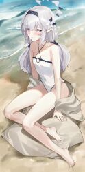 Rule 34 | 1girl, alracoco, alternate costume, bare legs, bare shoulders, barefoot, beach, blue archive, blush, breasts, collarbone, commentary, covered navel, flower, grey hair, groin, hair flower, hair ornament, halo, highres, himari (blue archive), light smile, looking at viewer, mole, mole under eye, one-piece swimsuit, outdoors, pointy ears, sitting, small breasts, solo, swimsuit, toes, twintails, white one-piece swimsuit, yokozuwari