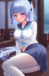 Rule 34 | 1girl, :/, arm support, arm under breasts, ayaka (genshin impact), blue eyes, blue necktie, blue sailor collar, blue skirt, blurry, blurry background, blush, breast hold, breasts, closed mouth, depth of field, feet out of frame, flower knot, genshin impact, hair ribbon, highres, indoors, large breasts, long hair, long sleeves, looking at viewer, midriff, mutenka (plfgb), necktie, pantyhose, pleated skirt, ponytail, raised eyebrows, red ribbon, ribbon, sailor collar, school uniform, serafuku, shirt, sitting, skirt, solo, thighband pantyhose, thighs, tress ribbon, white hair, white pantyhose, white shirt