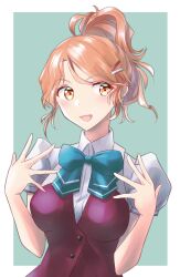 Rule 34 | 1girl, aqua bow, aqua bowtie, aquila (kancolle), bow, bowtie, collared shirt, commentary request, cosplay, dress shirt, high ponytail, highres, kantai collection, long hair, looking at viewer, orange eyes, orange hair, purple vest, shirt, solo, tsukasa (tukasa br), two-tone background, upper body, vest, wavy hair, white shirt, yuugumo (kancolle), yuugumo (kancolle) (cosplay), yuugumo kai ni (kancolle), yuugumo kai ni (kancolle) (cosplay)