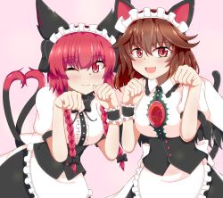 Rule 34 | 2girls, ;), absurdres, alternate costume, animal ears, apron, blush, braid, brown hair, cat ears, cat tail, chest jewel, enmaided, frilled apron, frills, highres, kaenbyou rin, maid, maid apron, maid headdress, multiple girls, multiple tails, one eye closed, open mouth, paw pose, pink background, red eyes, red hair, reiuji utsuho, seo haruto, smile, tail, touhou, twin braids, waist apron, waitress, white apron