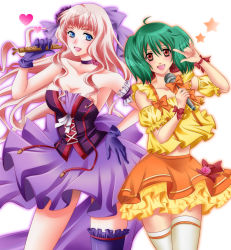 Rule 34 | 2girls, bare shoulders, blue eyes, blush, bow, breasts, choker, cleavage, corset, esueichi, gloves, green hair, hand on own hip, heart, hip focus, long hair, m/, macross, macross frontier, medium breasts, microphone, multiple girls, open mouth, pink hair, ranka lee, red eyes, sheryl nome, short hair, simple background, single thighhigh, skirt, small breasts, smile, star (symbol), thighhighs, white thighhighs, zettai ryouiki
