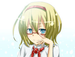 Rule 34 | 1girl, alice margatroid, bespectacled, blonde hair, blue eyes, female focus, flask (pandora), glasses, looking at viewer, smile, solo, touhou