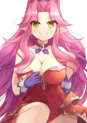 Rule 34 | 1girl, angela (seiken densetsu 3), bare shoulders, blush, breasts, choker, cleavage, commentary request, earrings, gloves, hand on own hip, highres, jewelry, kuro (be ok), large breasts, leotard, leotard pull, long hair, looking at viewer, parted bangs, pointy ears, purple choker, purple gloves, purple hair, red leotard, seiken densetsu, seiken densetsu 3, sidelocks, smile, solo, very long hair, waist cape, wavy hair, white background, yellow eyes