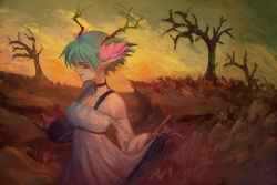 Rule 34 | 1girl, antlers, aqua hair, artist request, bare shoulders, breasts, c (control), choker, cleavage, drawfag, dress, highres, horns, looking at viewer, looking to the side, medium breasts, outdoors, pointy ears, q (control), red eyes, short hair, smirk, solo, standing, tree
