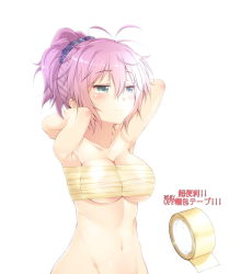 Rule 34 | 10s, 1girl, aoba (kancolle), arms up, blush, breasts, green eyes, kantai collection, large breasts, light smile, looking away, navel, no bra, no panties, out-of-frame censoring, pink hair, ponytail, sawamura aoi, scrunchie, short hair, simple background, solo, tape, translation request, white background