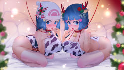 Rule 34 | 2girls, alternate breast size, animal print, ass, blue eyes, blurry, blurry background, blush, breasts, christmas, covered erect nipples, cow print, creatures (company), dawn (pokemon), game freak, hair between eyes, highleg, highres, kneeling, leash, looking at viewer, multiple girls, navel, nintendo, pokemon, pokemon dppt, pokemon platinum, shiny skin, simple background, string, sumisumii, thighhighs, thighs, tongue, tongue out