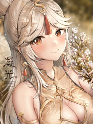 Rule 34 | 1girl, alternate costume, armlet, artist name, bare shoulders, blurry, blurry background, blush, breasts, brown eyes, character name, china dress, chinese clothes, chinese text, cleavage, cleavage cutout, closed mouth, clothing cutout, commentary, dress, earrings, english commentary, eyes visible through hair, flower, genshin impact, hair bun, hair ornament, hair stick, hairpin, heart, highres, holding, holding flower, jewelry, large breasts, long hair, looking at viewer, nail polish, ningguang (genshin impact), parted bangs, plum blossoms, sidelocks, silver hair, silverpixia, single hair bun, sleeveless, sleeveless dress, smile, solo, tassel, translated, upper body, watermark, white flower, white nails, yellow dress