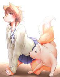 Rule 34 | 1girl, artist request, brown eyes, brown hair, dog, female focus, full body, furry, furry female, open mouth, school uniform, skirt, solo, uniform, white background